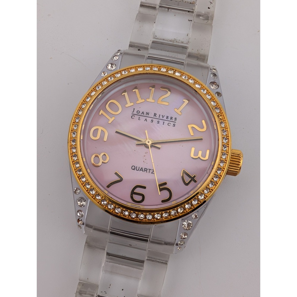 Joan Rivers Classics Watch 36mm Clear Case Pink MOP Dial 6.75" Band- Working